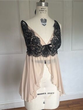 Rene Rofe Sheer Nude and Black Lace Babydoll